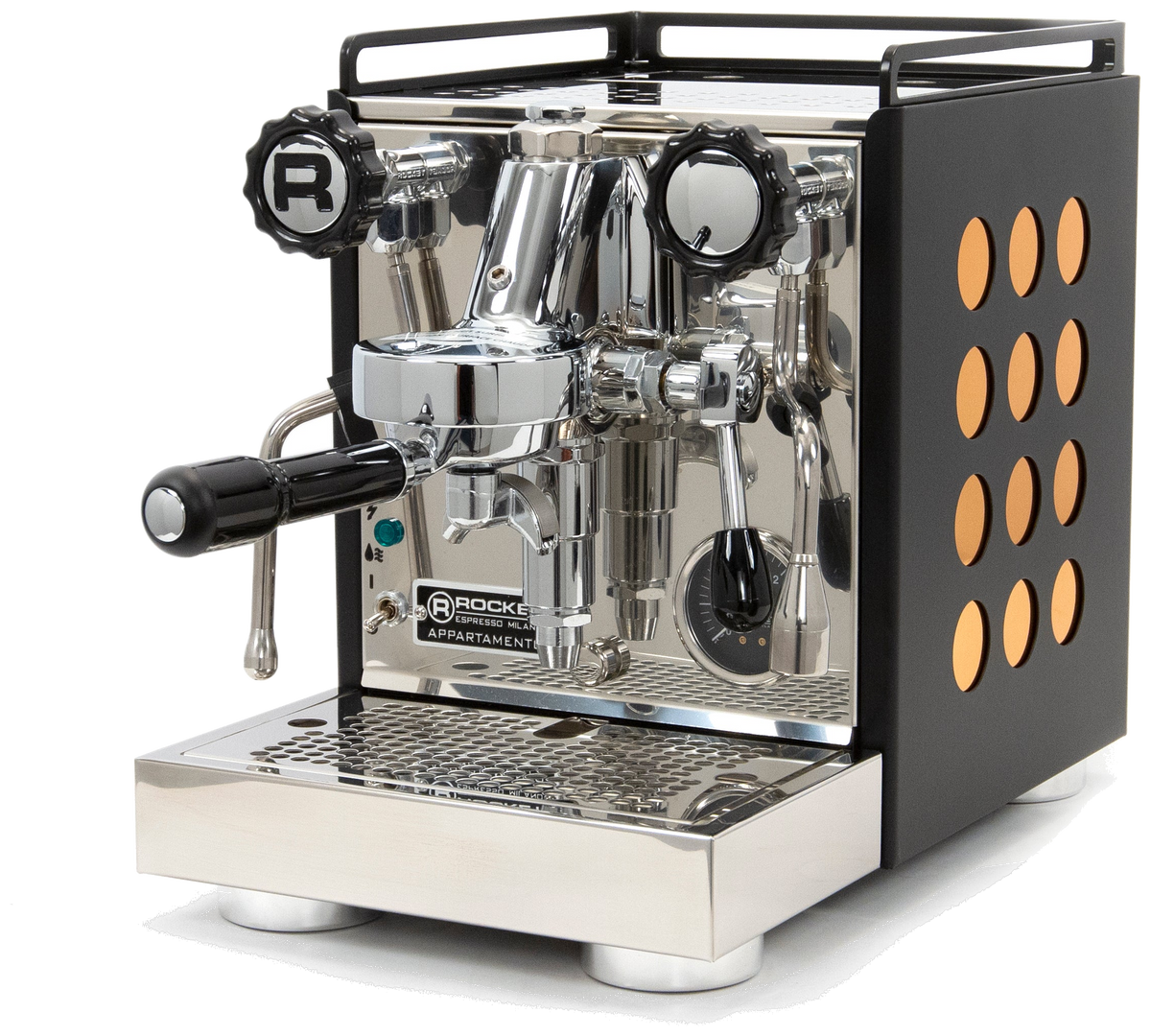 Rocket Espresso Appartamento — Black & Copper (Serie Nera, cuerpo negro con circulos cobre)