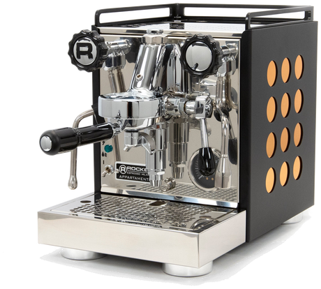Rocket Espresso Appartamento — Black & Copper (Serie Nera, cuerpo negro con circulos cobre)