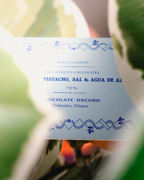 Chocolate Casa Bosques Marco Carboni de Sartoria (Mazapán de Pistacho, Sal y Agua de Azahar)